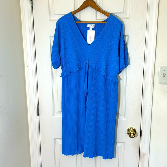 NWT Aqua Blue Pleated Midi Dress Drawstring Waist Size Large - Picture 1 of 9